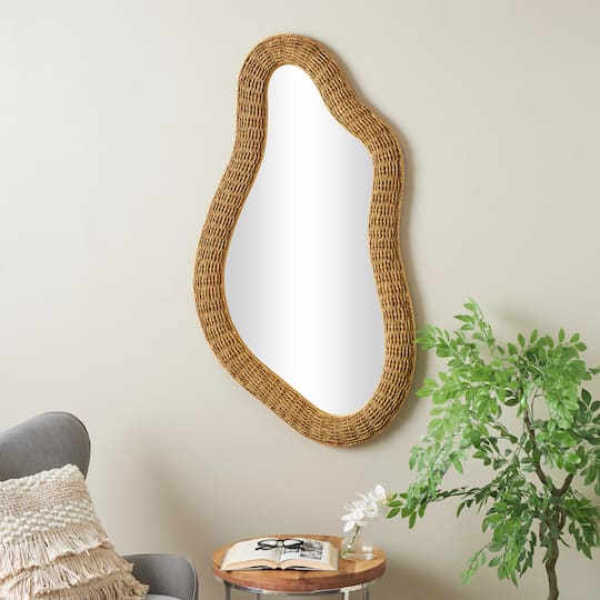 52" Brown Seagrass Handmade Woven Abstract Oval Wall Mirror